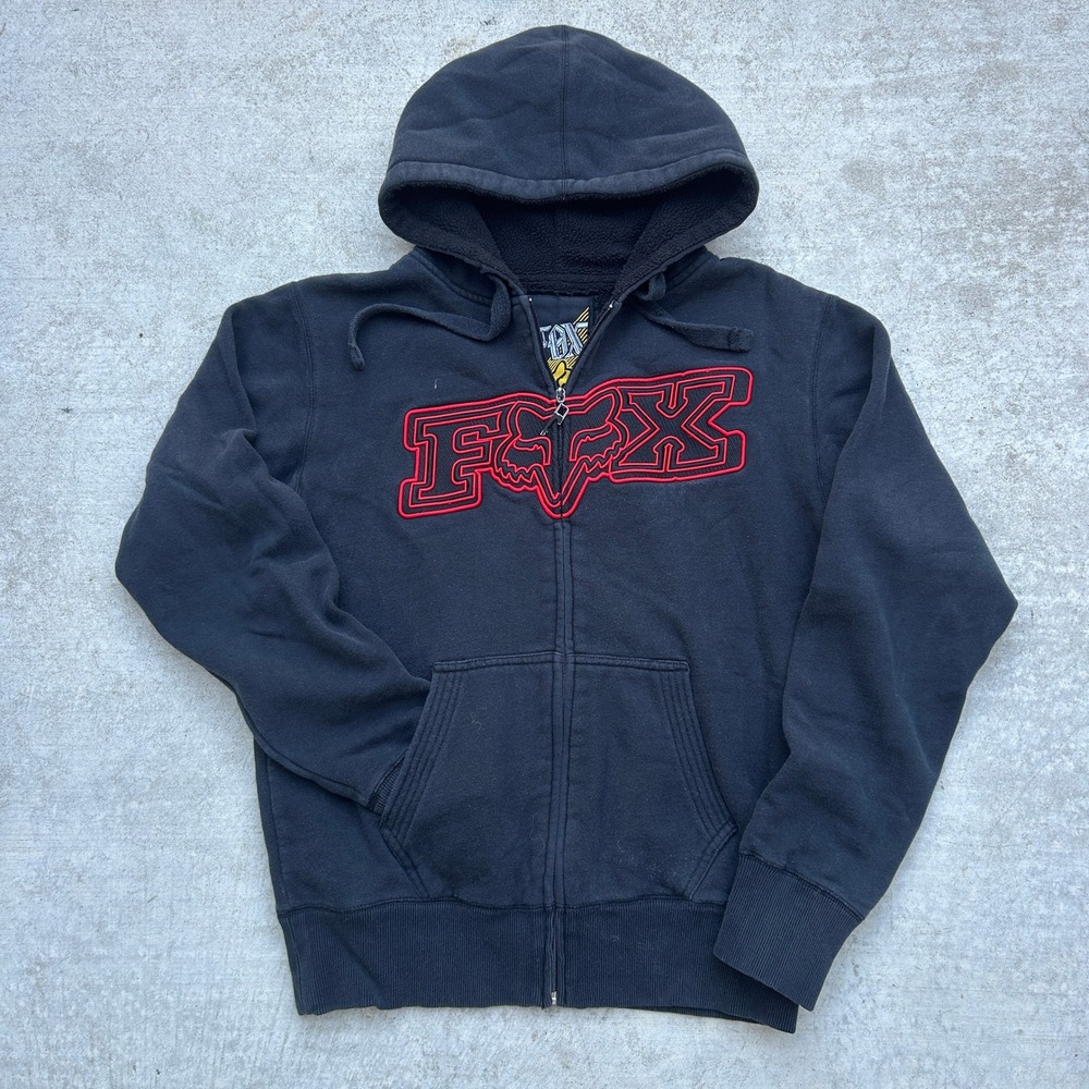 Fox Racing Zip Up Hoodie Medium Black Y2K Red Spellout Sherpa Vintage Skater